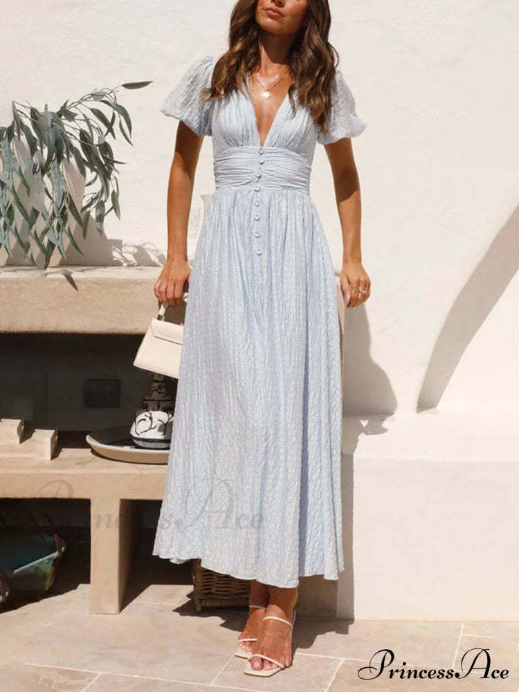 Puff Sleeve V-Neck Charming Long Oversized Hem Dress Dresses