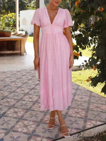 Puff Sleeve V-Neck Charming Long Oversized Hem Dress Dresses