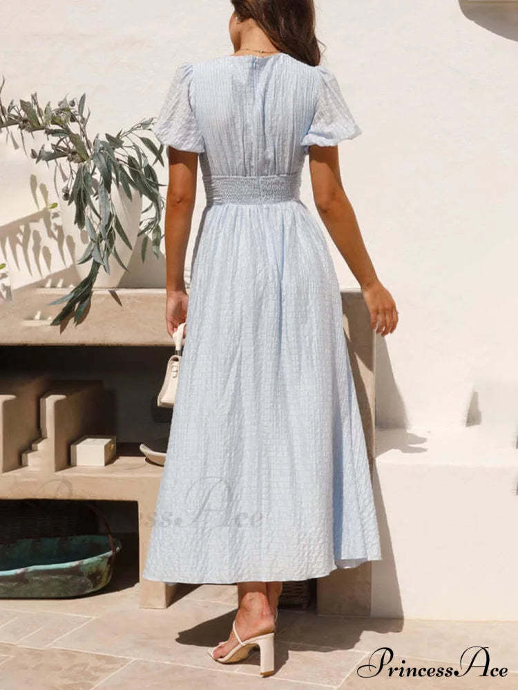 Puff Sleeve V-Neck Charming Long Oversized Hem Dress Dresses