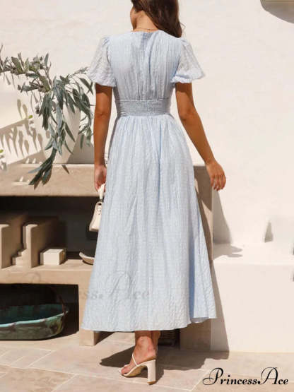 Puff Sleeve V-Neck Charming Long Oversized Hem Dress Dresses