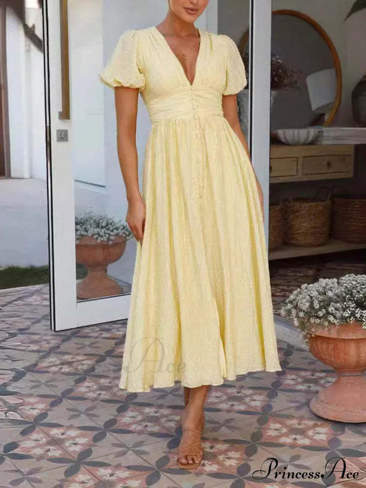 Puff Sleeve V-Neck Charming Long Oversized Hem Dress Yellow / S Dresses
