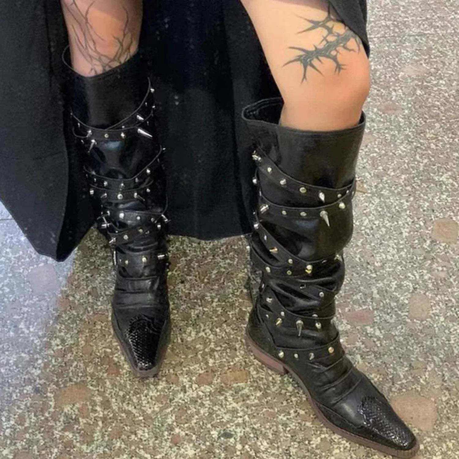 Punk Rivet Tall Chunky Gothic Boot black2 / CN35