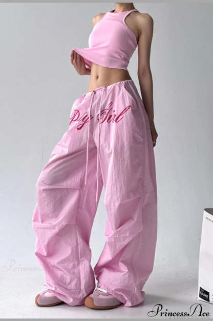 Quick-Dry Lightweight Loose Wide-Leg Drawstring Pants Pink / S