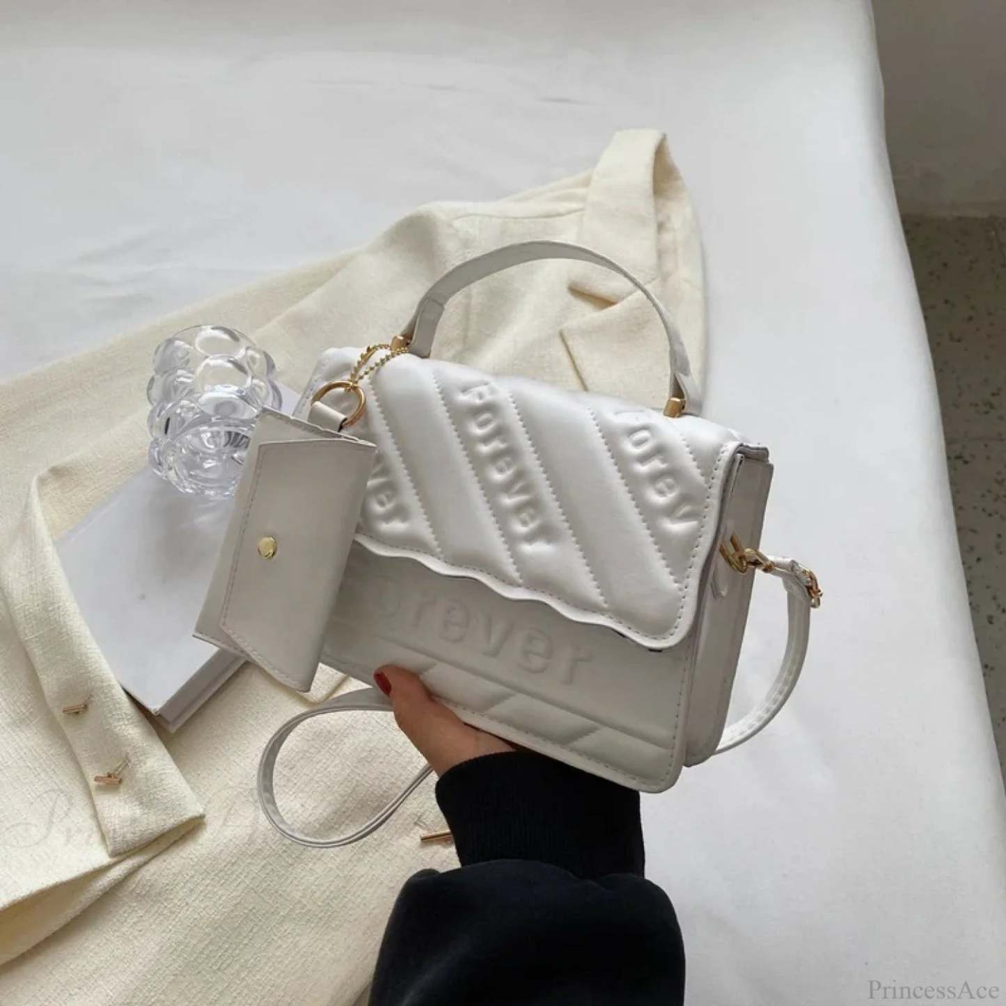 Quilted PU Leather Small Crossbody Handbag White handbag-250126