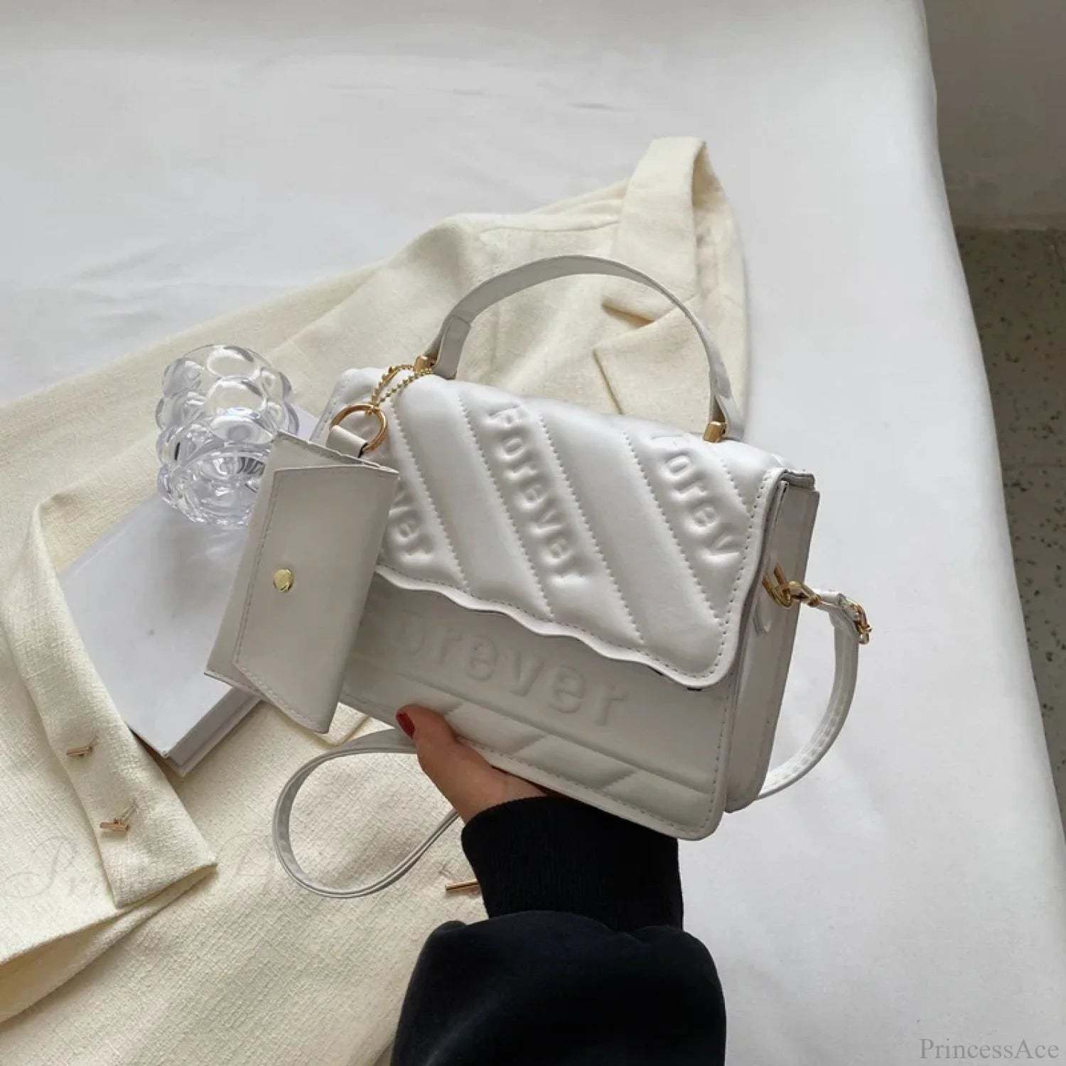 Quilted PU Leather Small Crossbody Handbag White handbag-250126