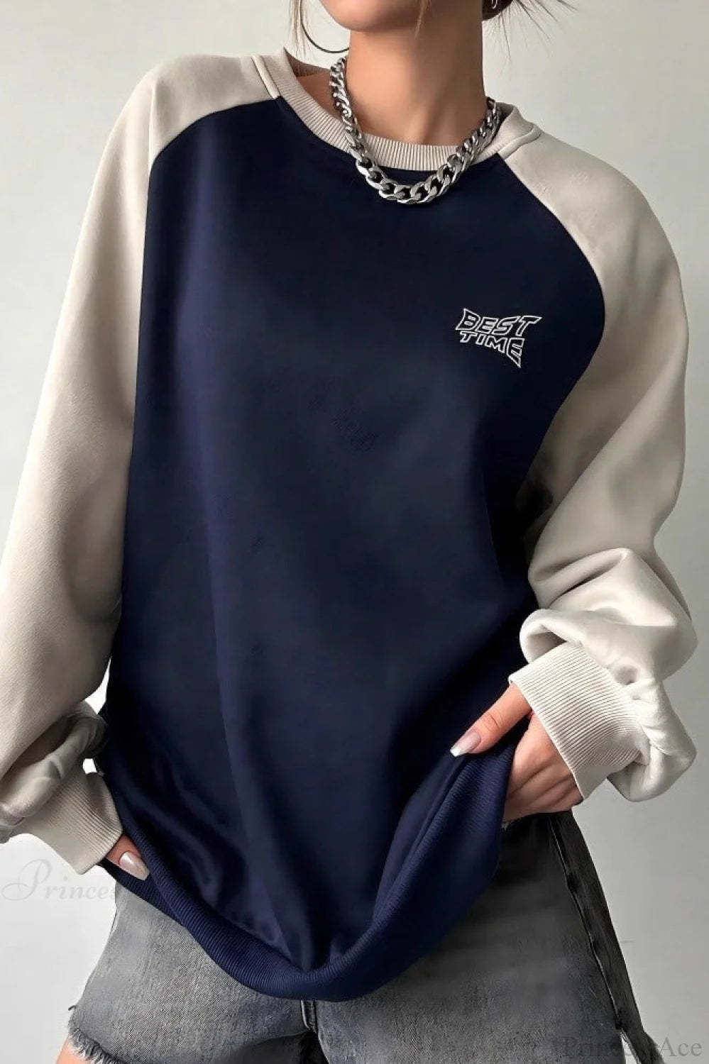 Raglan Sleeve Color Block Crew Neck Relaxed Sweatshirts