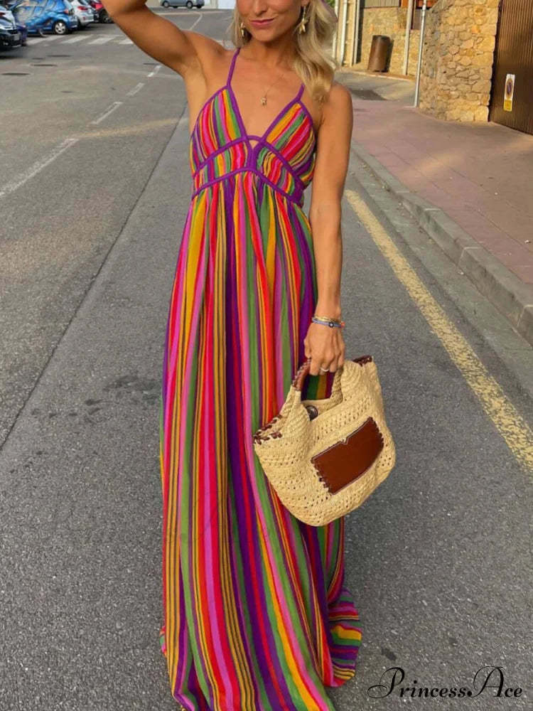 Rainbow Stripe Print Charming V-Neck Maxi Dress Dresses