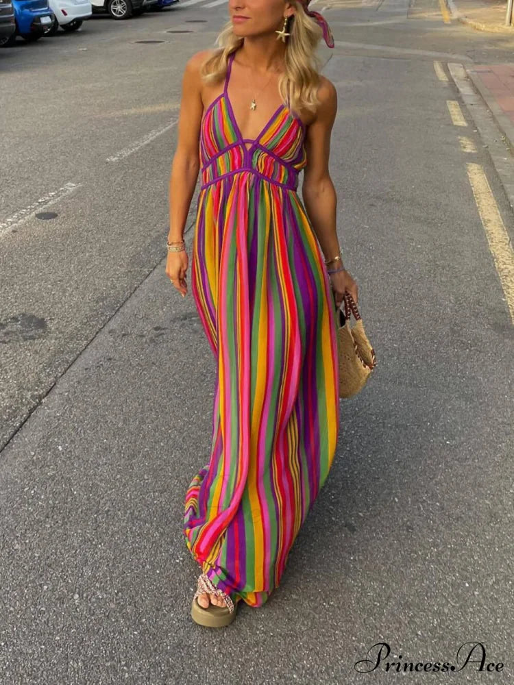 Rainbow Stripe Print Charming V-Neck Maxi Dress Multicolor / S Dresses