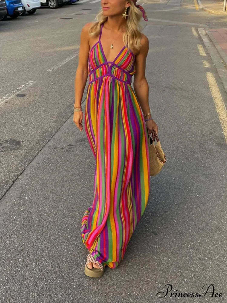 Rainbow Stripe Print Charming V-Neck Maxi Dress Multicolor / S Dresses