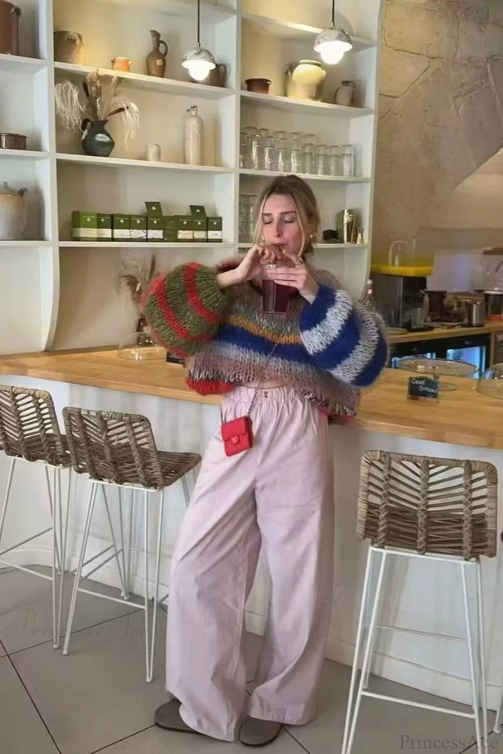 Rainbow Stripe Versatile Crewneck Long Sleeve Chic Knit Sweater