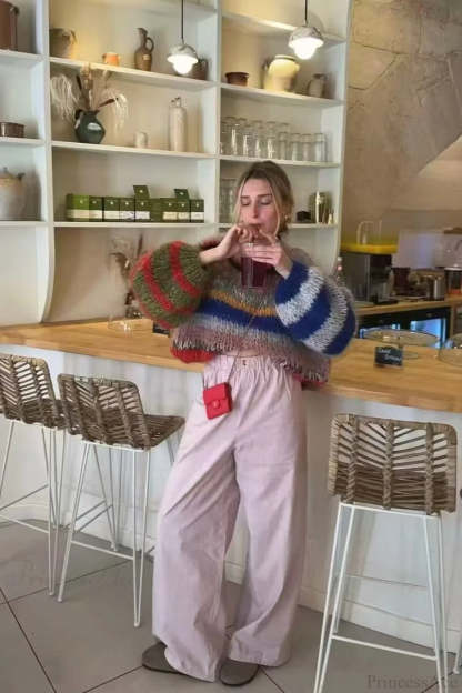 Rainbow Stripe Versatile Crewneck Long Sleeve Chic Knit Sweater