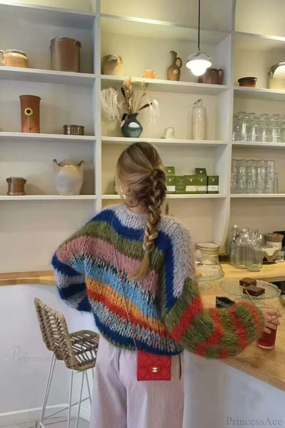 Rainbow Stripe Versatile Crewneck Long Sleeve Chic Knit Sweater