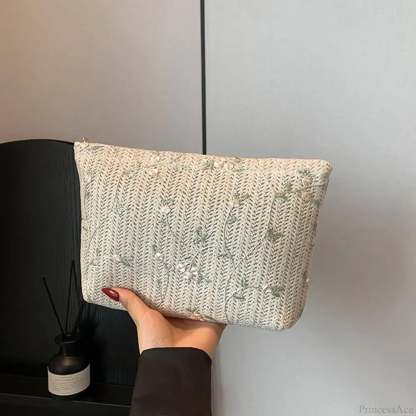 Rattan Handheld Straw Clutch Wristlet White wristlet-250126