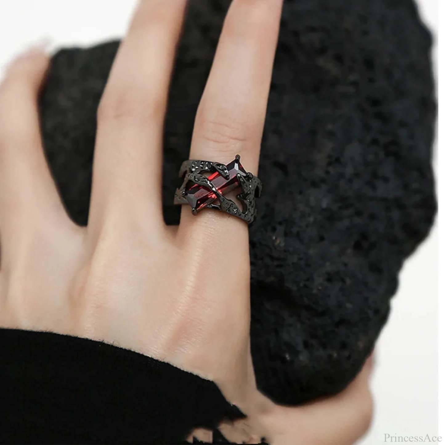 Rebel Spikes Creeper Crimson Gem Gothic Ring