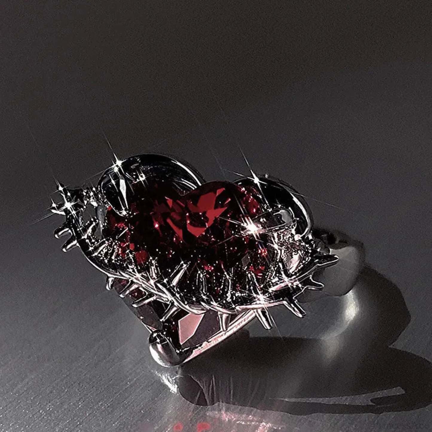 Rebel Spikes Creeper Crimson Gem Gothic Ring resizable / silver2