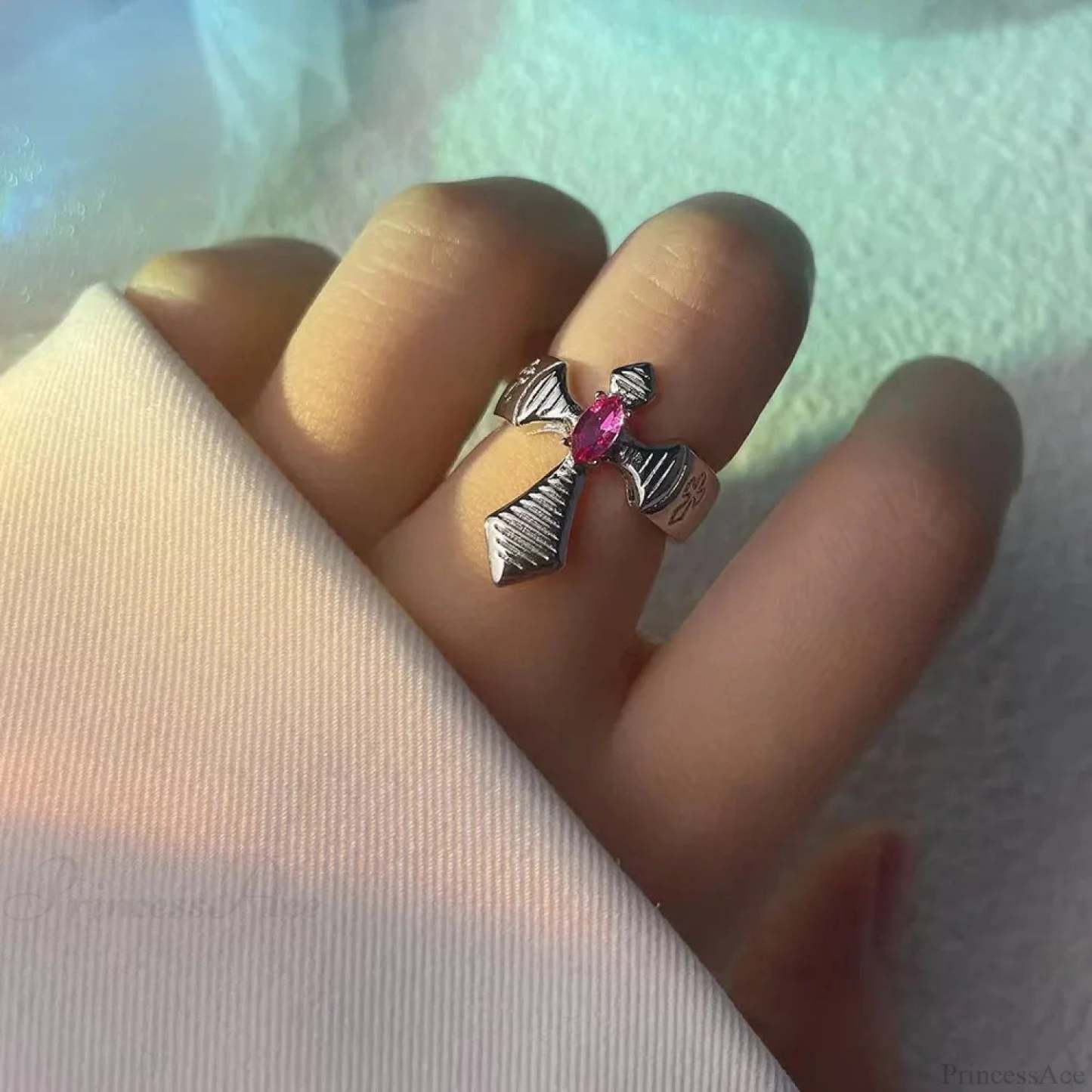 Rebel Spikes Creeper Crimson Gem Gothic Ring resizable / silver4