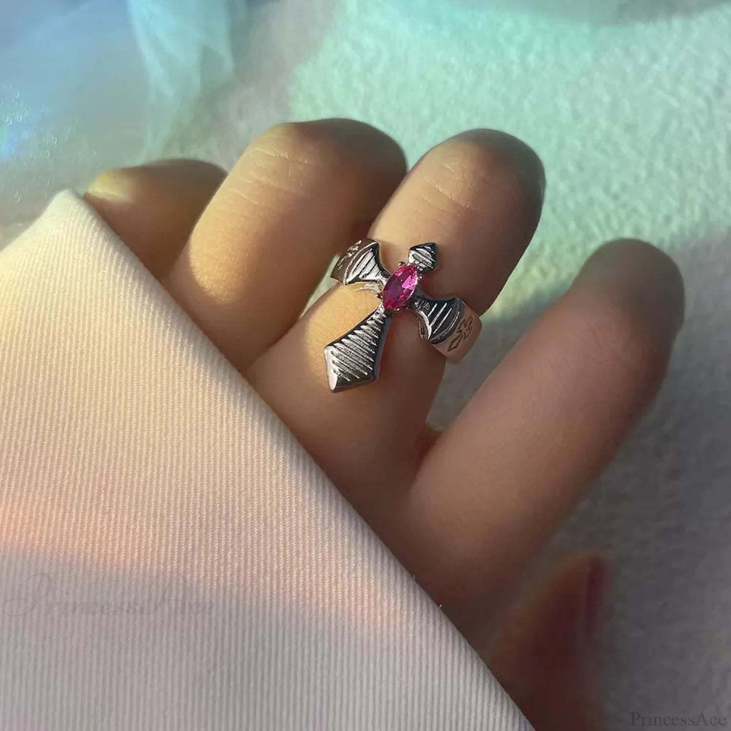 Rebel Spikes Creeper Crimson Gem Gothic Ring resizable / silver4