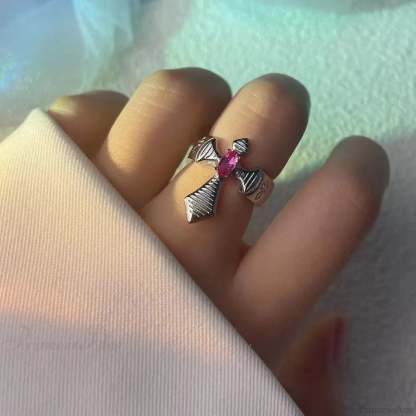 Rebel Spikes Creeper Crimson Gem Gothic Ring resizable / silver4