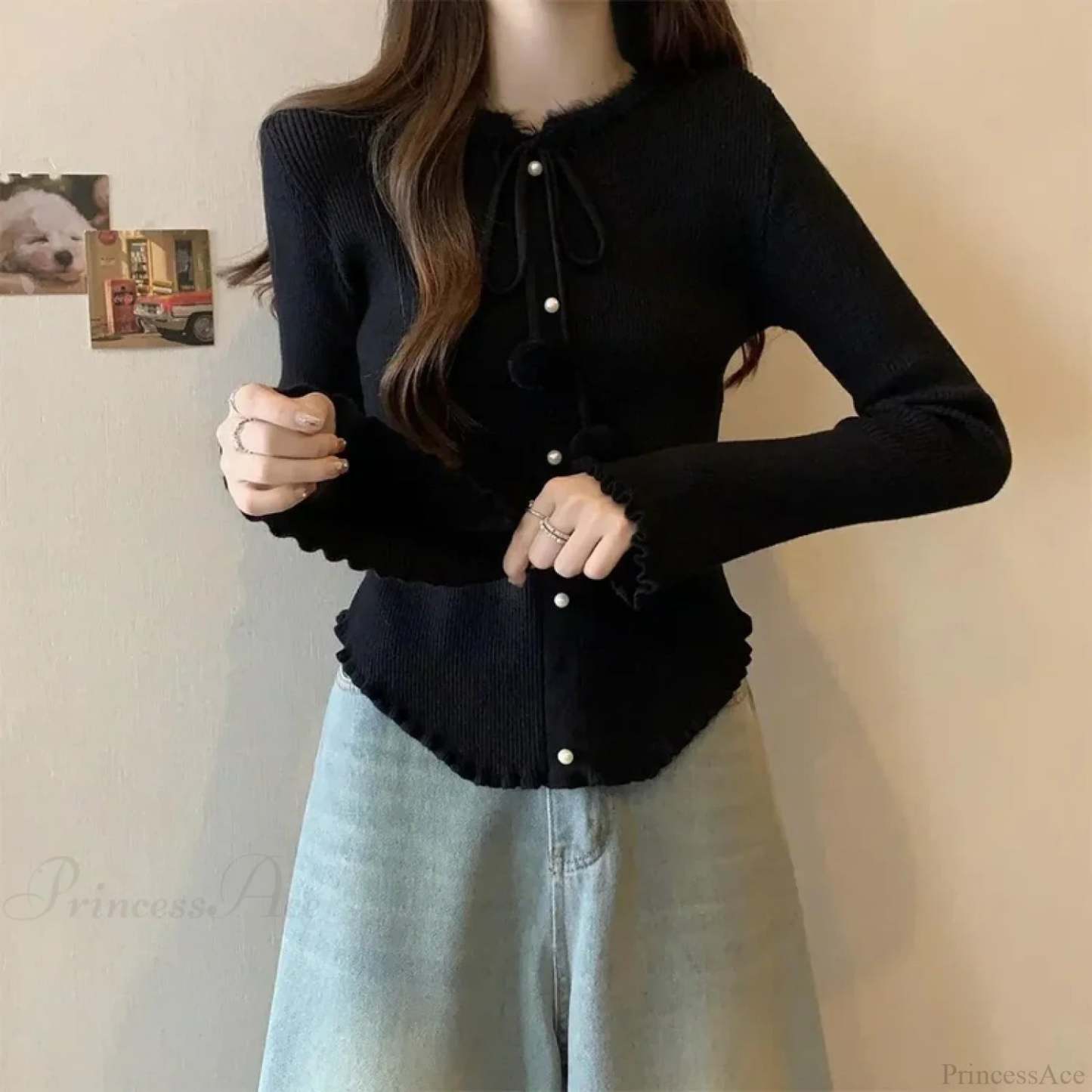 Red Christmas Solid Bow Drawstring Elegant Slim O-Neck Warm Sweater Sweaters-L