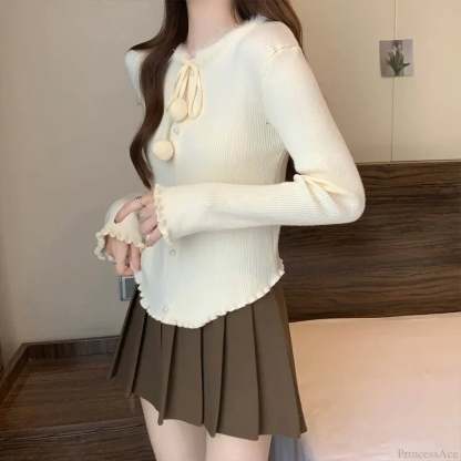 Red Christmas Solid Bow Drawstring Elegant Slim O-Neck Warm Sweater Sweaters-L