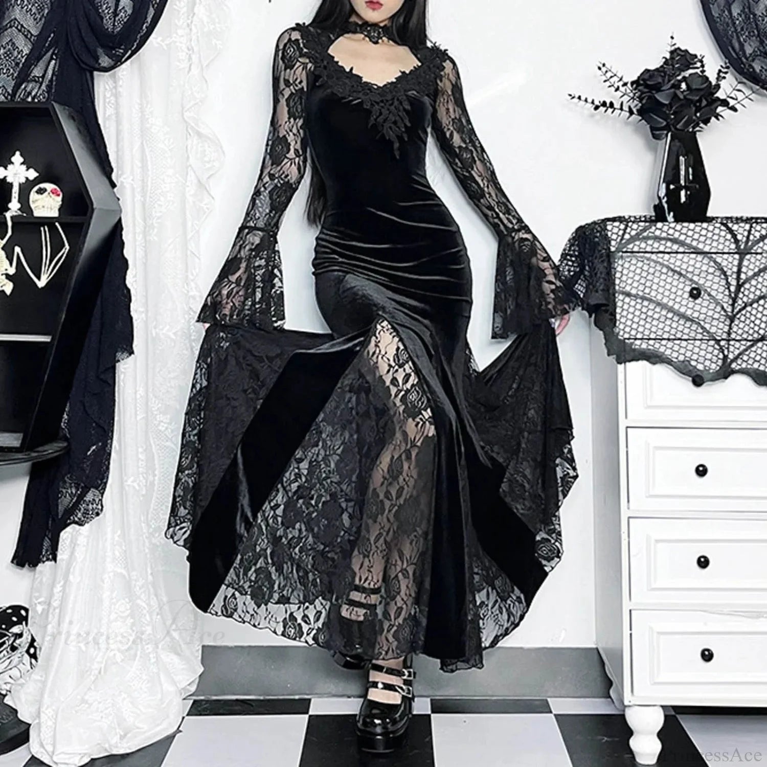 Red Lace Slim Fit Rebel Midi Dress Black / S