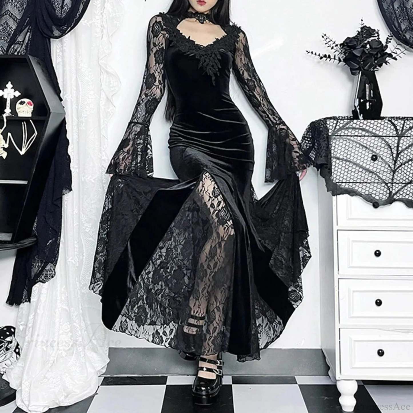 Red Lace Slim Fit Rebel Midi Dress Black / S