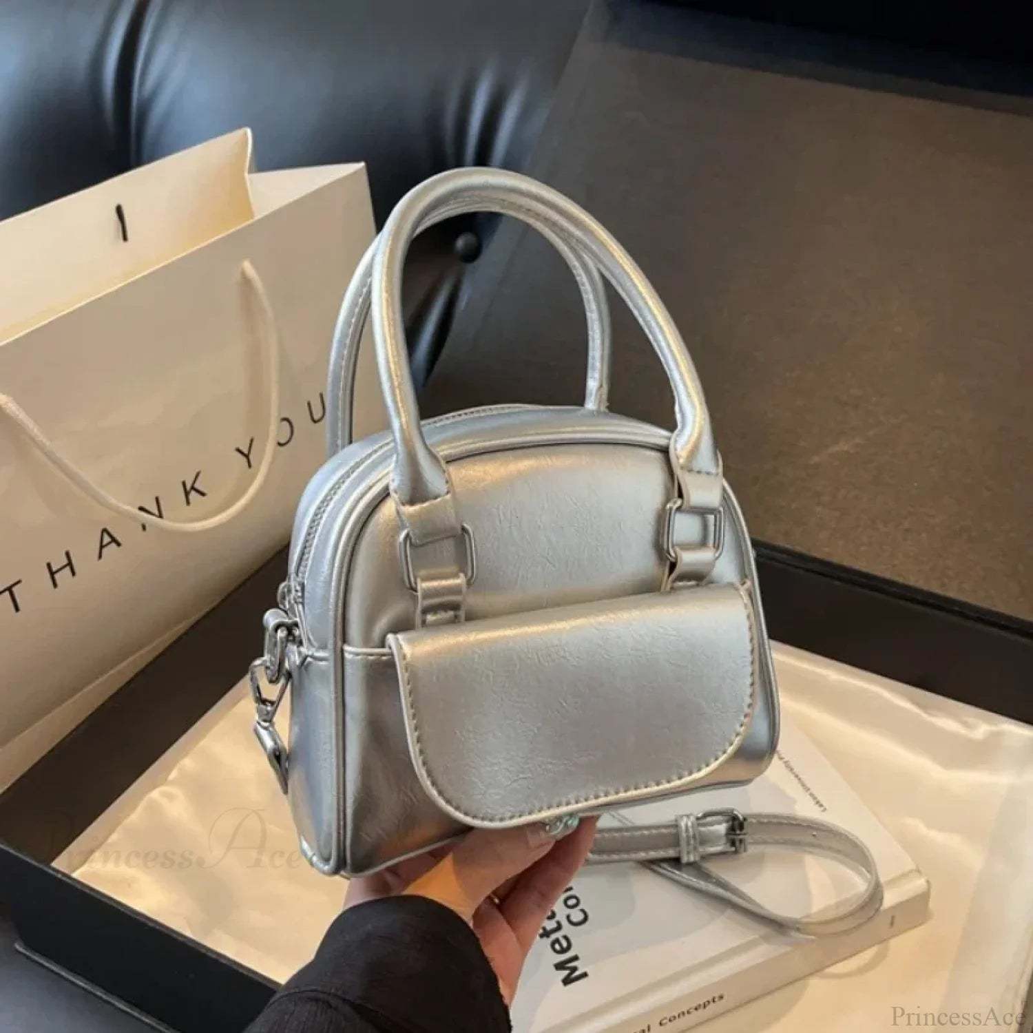 Red Solid PU Leather Underarm Shoulder Bag Silver shoulder-250126