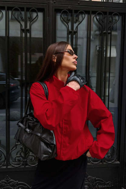 Red Stand Collar Zip Windproof Coat Red / S