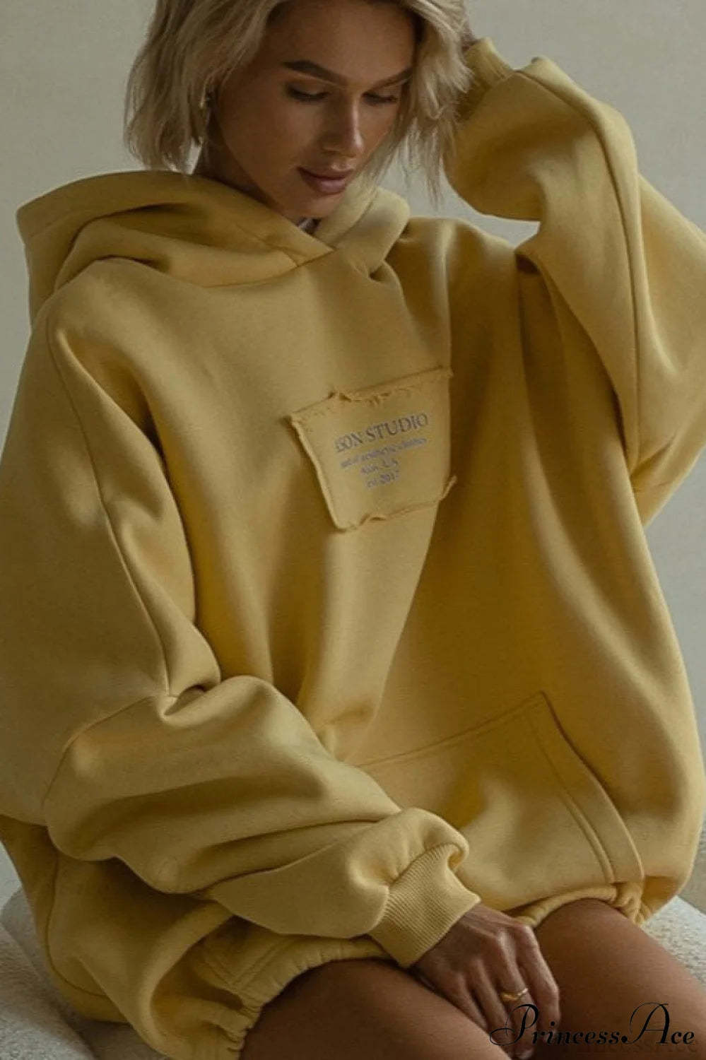 Relaxed Letter Applique Pullover Hoodie Yellow / S