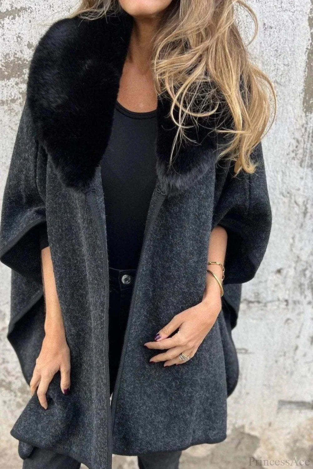 Relaxed Long Sleeve Wide Lapel Fur Collar Cape Overcoat