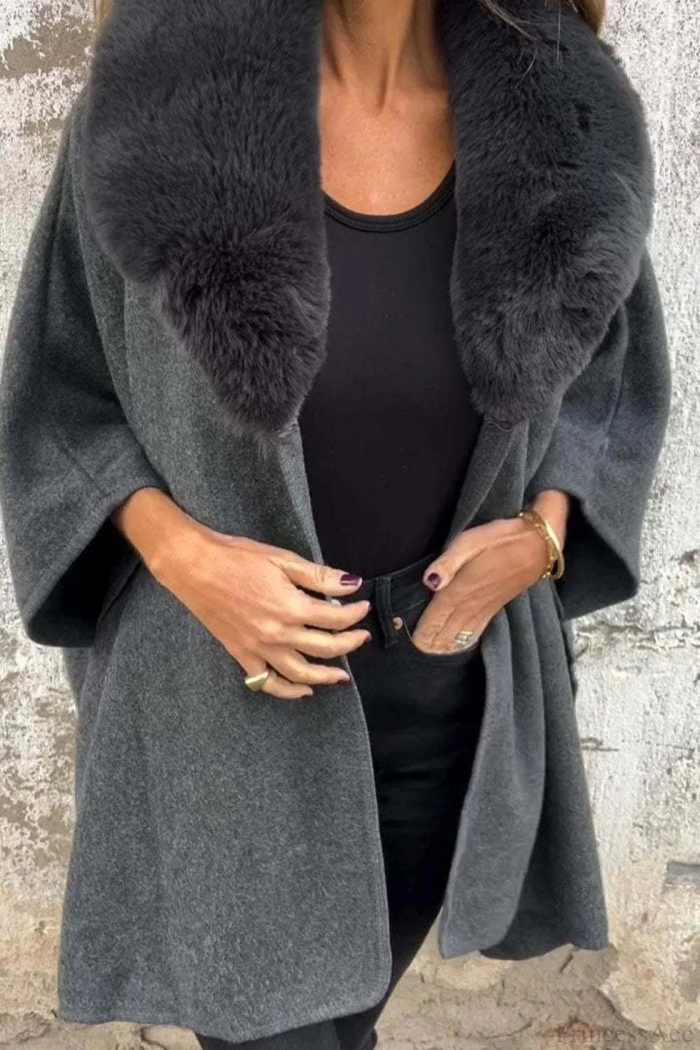 Relaxed Long Sleeve Wide Lapel Fur Collar Cape Overcoat