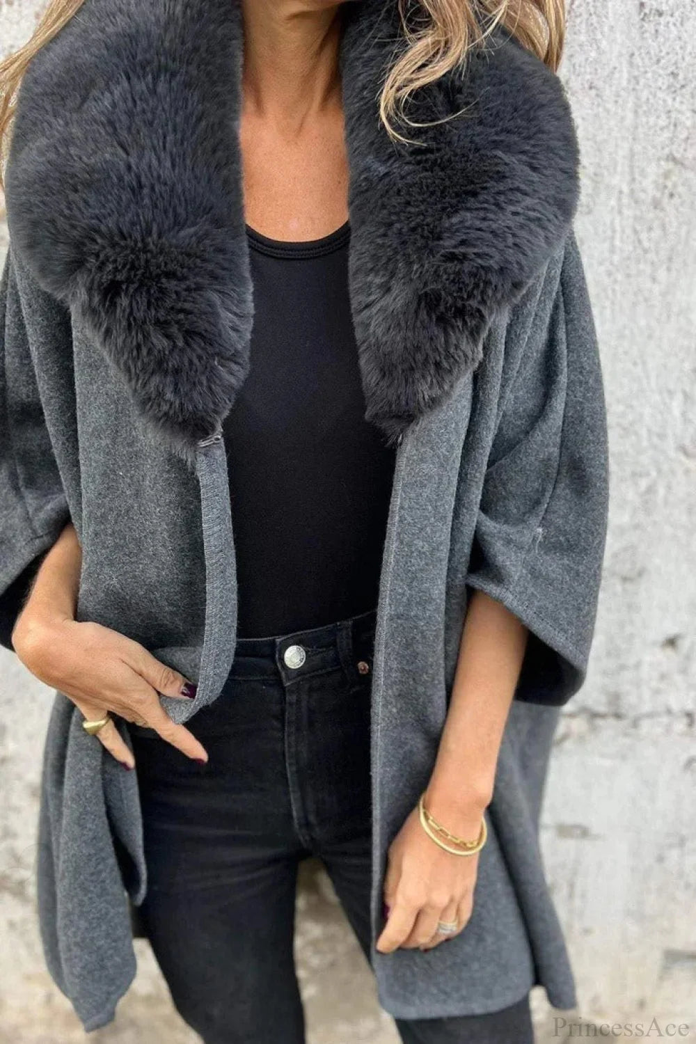 Relaxed Long Sleeve Wide Lapel Fur Collar Cape Overcoat Dark gray / S