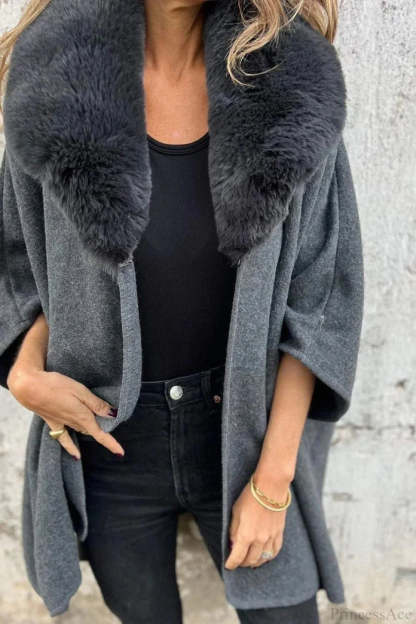 Relaxed Long Sleeve Wide Lapel Fur Collar Cape Overcoat Dark gray / S