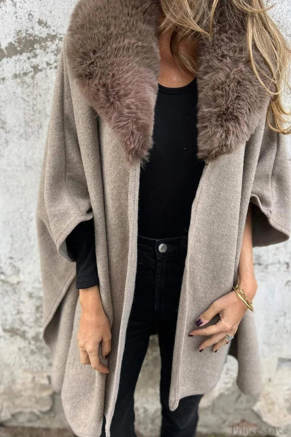 Relaxed Long Sleeve Wide Lapel Fur Collar Cape Overcoat Khaki / S