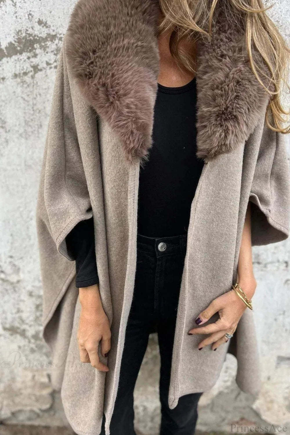 Relaxed Long Sleeve Wide Lapel Fur Collar Cape Overcoat Khaki / S