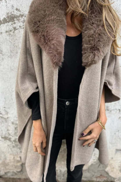 Relaxed Long Sleeve Wide Lapel Fur Collar Cape Overcoat Khaki / S