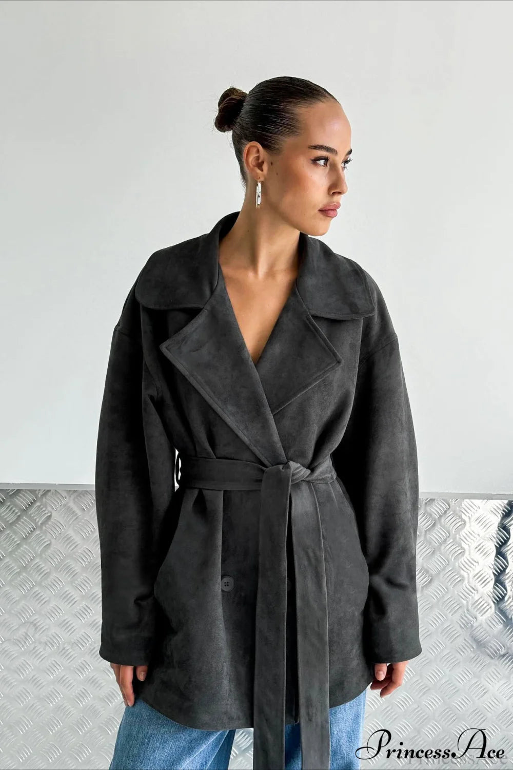 Retro Brown Suede Jacket Tied Coat