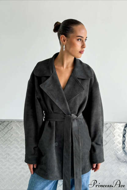 Retro Brown Suede Jacket Tied Coat