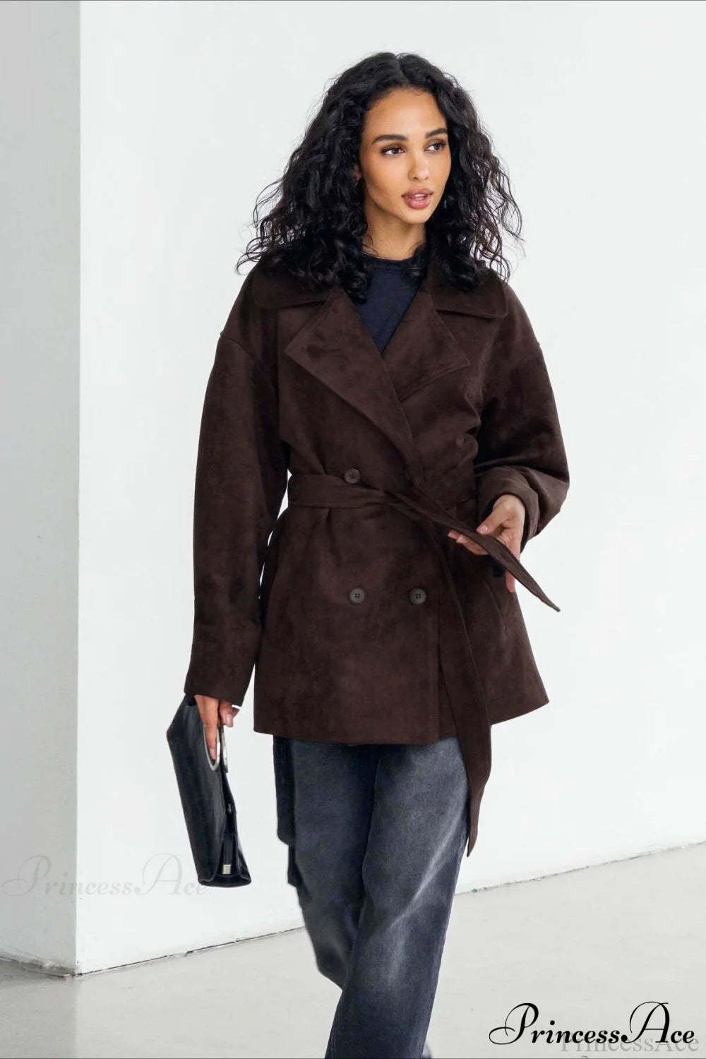 Retro Brown Suede Jacket Tied Coat