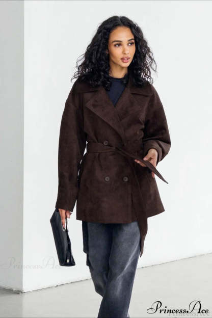 Retro Brown Suede Jacket Tied Coat