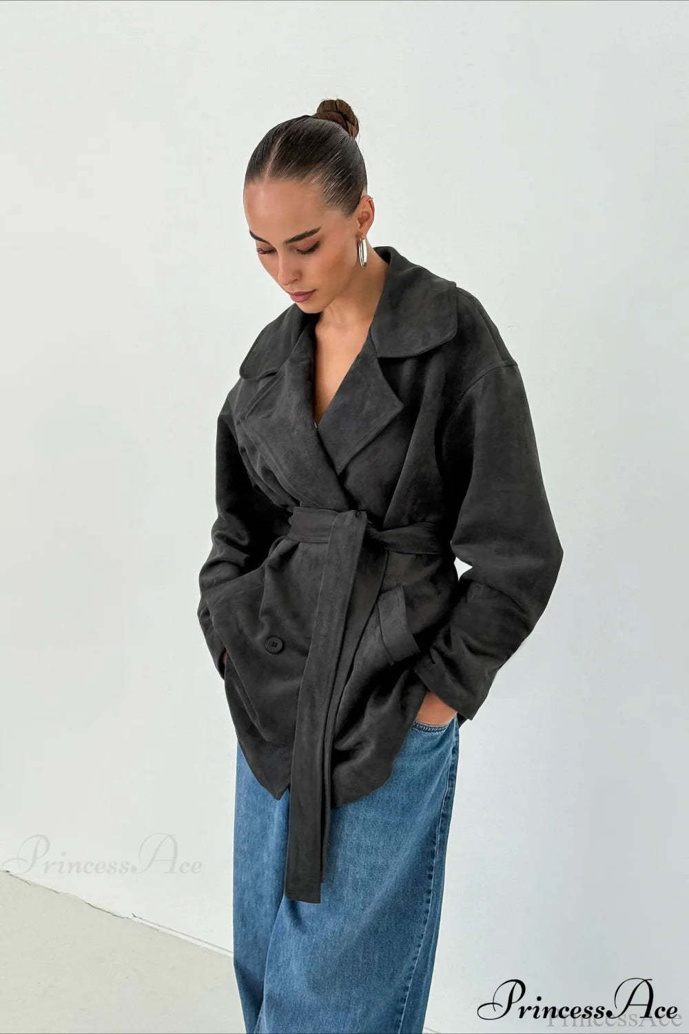 Retro Brown Suede Jacket Tied Coat Grey / S