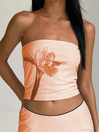 Retro Floral Strapless Backless Party Crop Top ORANGE / S croptop-250126