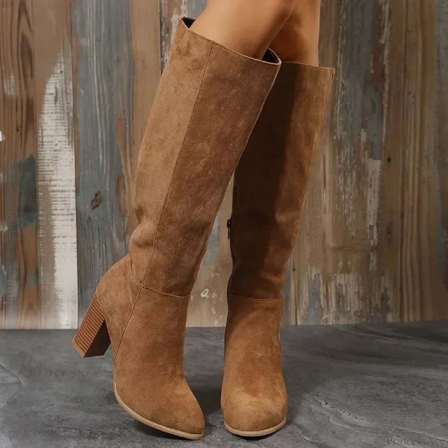 Retro High Heel Western Cowboy Chunky Winter Warm Plush Leather Suede Knee High Boot