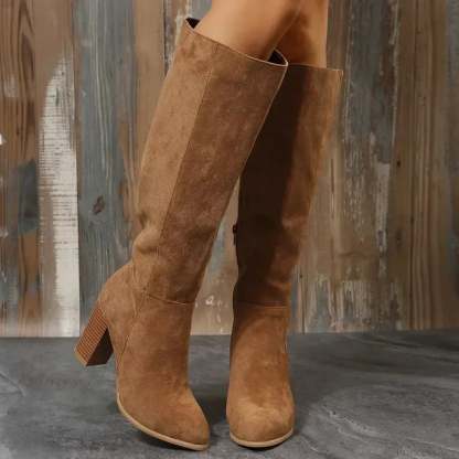Retro High Heel Western Cowboy Chunky Winter Warm Plush Leather Suede Knee High Boot