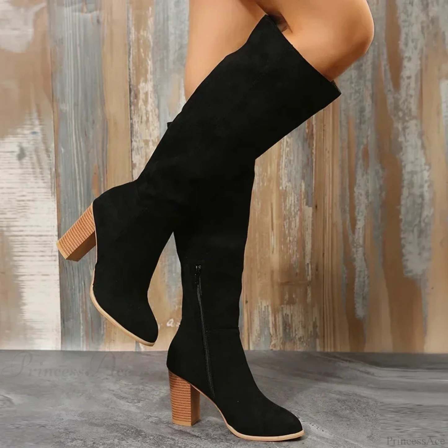 Retro High Heel Western Cowboy Chunky Winter Warm Plush Leather Suede Knee High Boot