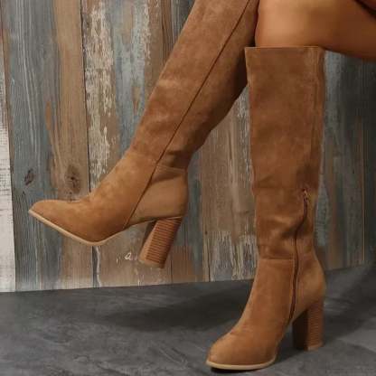 Retro High Heel Western Cowboy Chunky Winter Warm Plush Leather Suede Knee High Boot