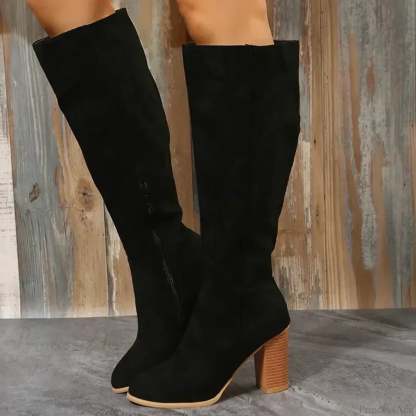 Retro High Heel Western Cowboy Chunky Winter Warm Plush Leather Suede Knee High Boot Black / 36