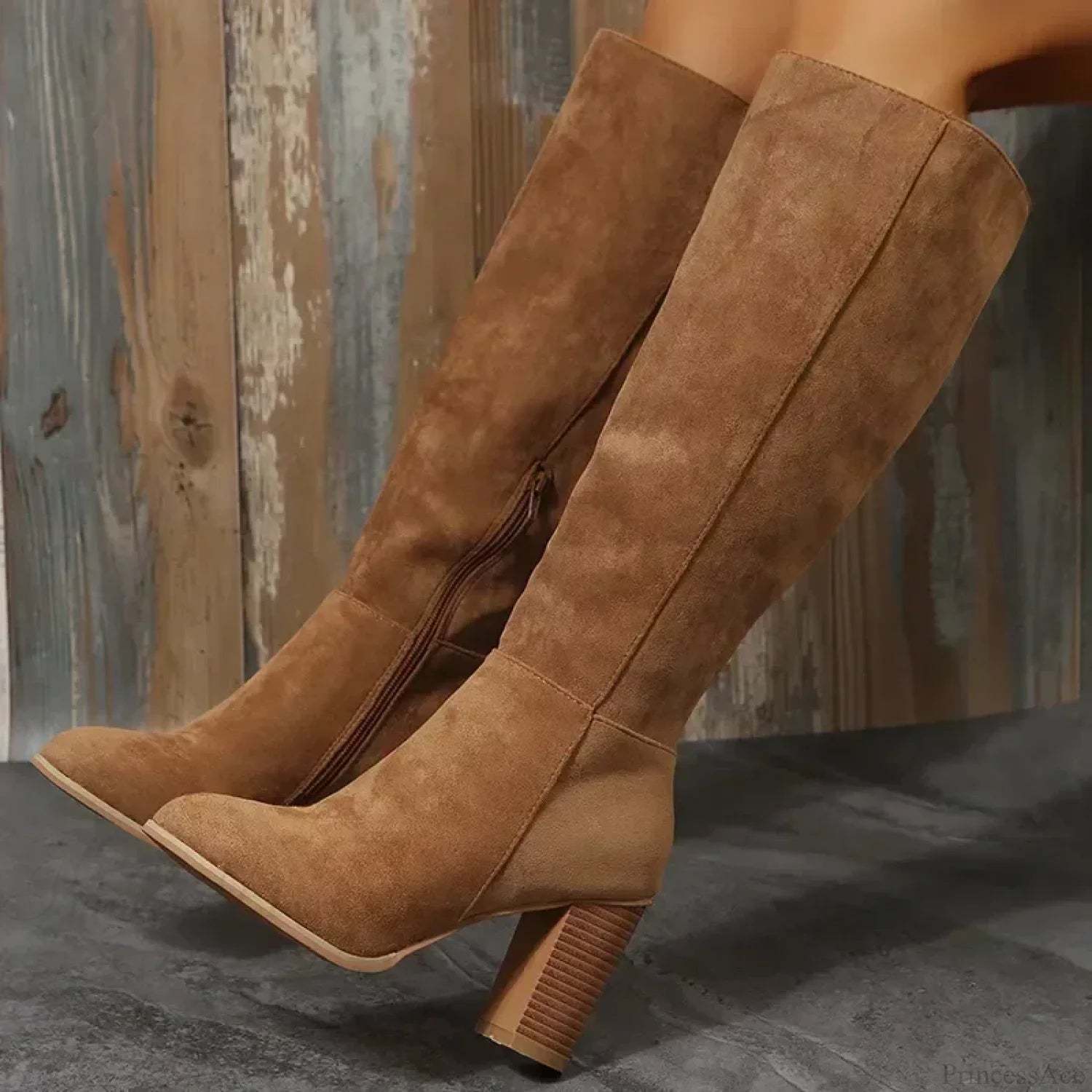 Retro High Heel Western Cowboy Chunky Winter Warm Plush Leather Suede Knee High Boot khaki / 36