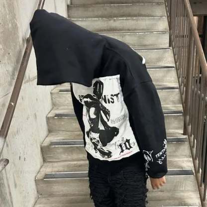 Retro Patch Black Cotton Hoodie