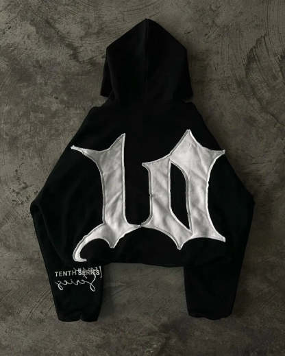 Retro Patch Black Cotton Hoodie
